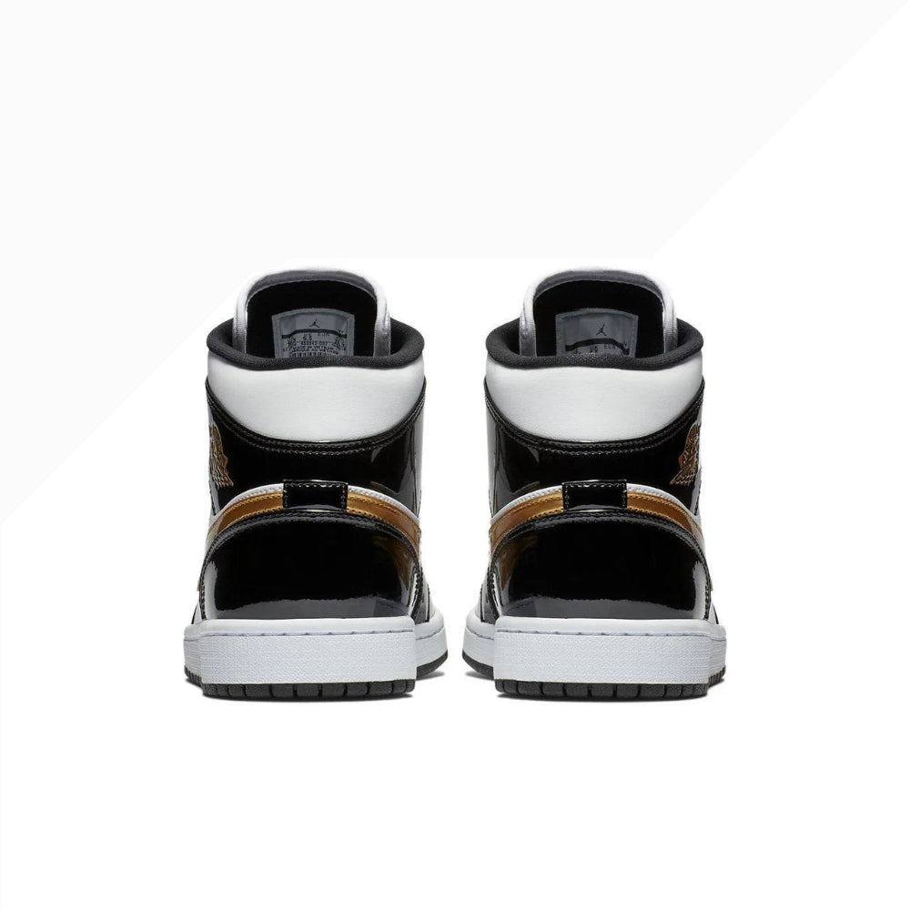 Jordan 1 Mid Patent Black White Gold