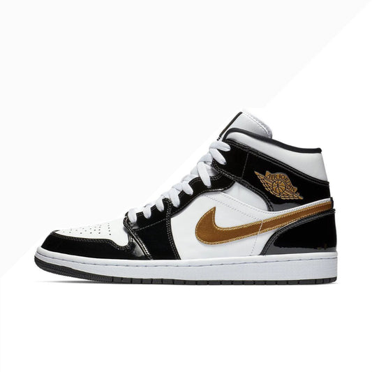 Jordan 1 Mid Patent Black White Gold